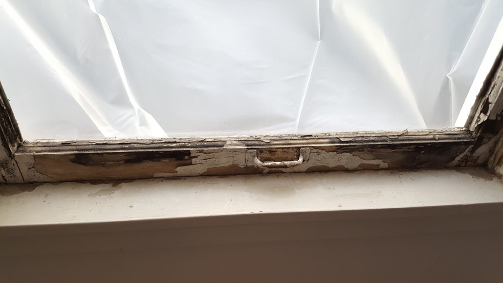 flaking paint and bare wood on lower sash